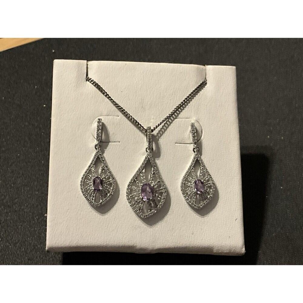 925 Teardrop Dancing AM Diamond Necklace & Post Earrings 16in Chain 2in Ext